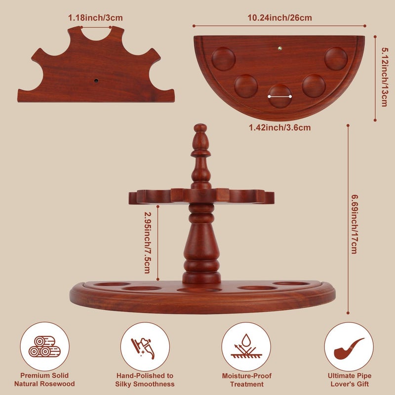 Prometis Solid Rosewood Pipe Stand Holder for 5 Pipes - Artisan Handcrafted Tobacco Pipe Luxury Organizer with Roman Columns| Natural Wood Grain Display & Collector's Storage Rack(Tobacco Pipe Not Included) - Image 3